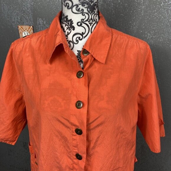 Alain Weiz Vintage Salmon Safari Button Up S/S Silk Blend Shirt Pocket. Size 14 - Picture 2 of 12